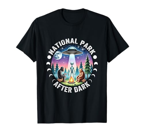 Vintage Retro Funny National Park After the Dark Big foot Alien Campfire T-Shirt