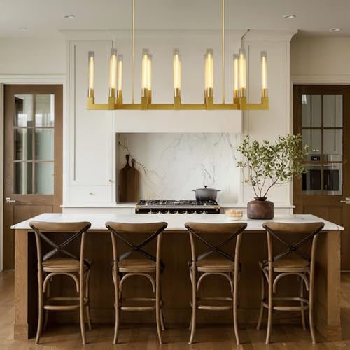 54'' Brass Rectangular Chandeliers for Dining Room,12-Lights Modern Farmhouse Chandelier with Knurled Glass Tube,Gold Linear Chandeliers Dining Room Over Table Rectangle Kitchen Island Pendant Light