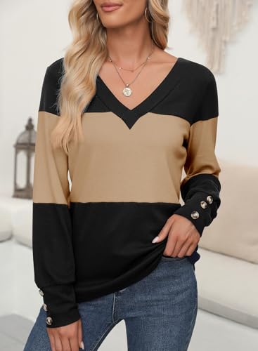 Dokotoo Women Blouses Dressy Casual Color Block Long Sleeve Shirts V Neck Tops Fall Outfits 20252