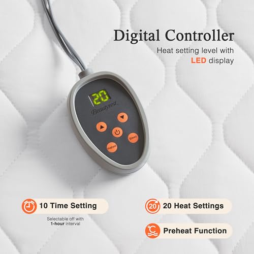 Beautyrest Cotton Heated Mattress Pad - Bed Warmer with 20 Heat Settings Controller, Auto Shut Off Timer, All Around Elastic Deep Pocket, UL Certified, Machine Washable, White Twin XL by Beautyrest - Image 3