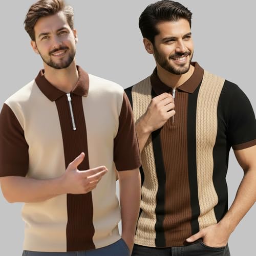 Image of AUSK Men's Textured Vertical Striped Knit Polo T-Shirt | Half Sleeve Zipper Neck Self-Design Casual Tee | Mens Tshirts