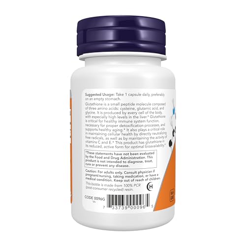 NOW Foods Supplements, Glutathione 250 mg, Detoxification Support*, Free Radical Neutralizer*, 60 Veg Capsules