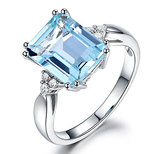 925 Sterling Silver Plated Emerald Shaped Simulated Blue Topaz Wedding Band Ring Engagement Ring for Women