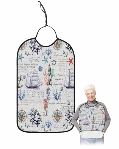 LEOKOTI Coastal Nautical Adult Bibs for Eating, Waterproof Bibs with Food Catcher & Adjustable Snap Closure, Summer Beach Anchor Ocean Coral Washable Clothing Protectors Adult Bibs for Elderly