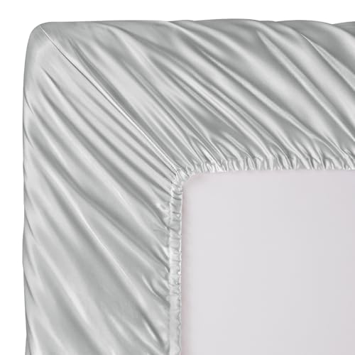 Image of SiinvdaBZX 3-Piece Set Satin Full Fitted Sheet & 2 Pillowcase, Silver Grey Silky Soft Fitted Bottom Sheet, Wrinkle Free, Fade Resistant, Deep Pocket Bed Sheet (Deep Up to 15 inch)