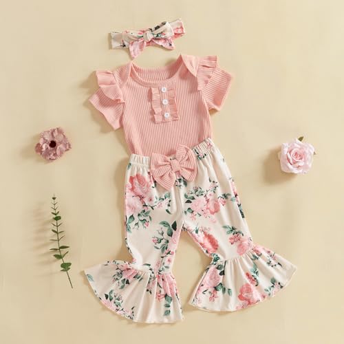 Baby Girl Summer Clothes Ruffle Sleeve Romper Jumpsuit Toddler Bell Bottoms Floral Pants Set 3Pcs Headband Outfit3