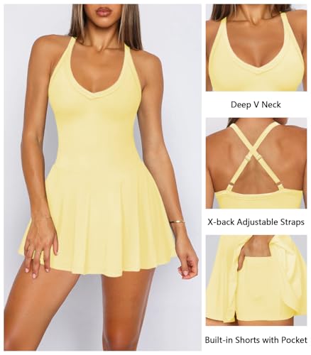 Women's Sexy V Neck Pleated Flowy Tennis Dress for Women Athletic Golf Workout Summer Mini Dresses with Shorts Pockets4