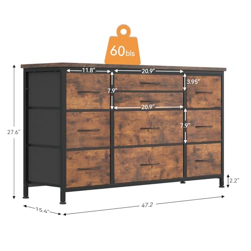 Jojoka Wide Dresser with 10 Large Drawers for 55'' Long TV Stand with Power Outlet Entertainment Center, Storage Fabric Drawer Unit for Bedroom, Closet, Entryway, Sturdy Metal Frame, Rustic Brown