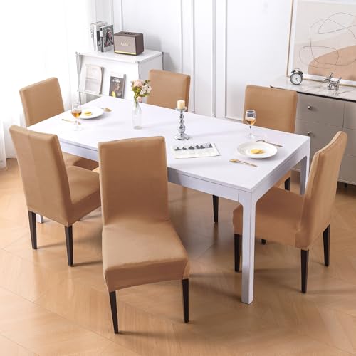 Image of HOKIPO 'SereneSolids' 140 GSM Polyester Blend Dining Chair Cover Set of 6, Camel (AR-6246-CML)