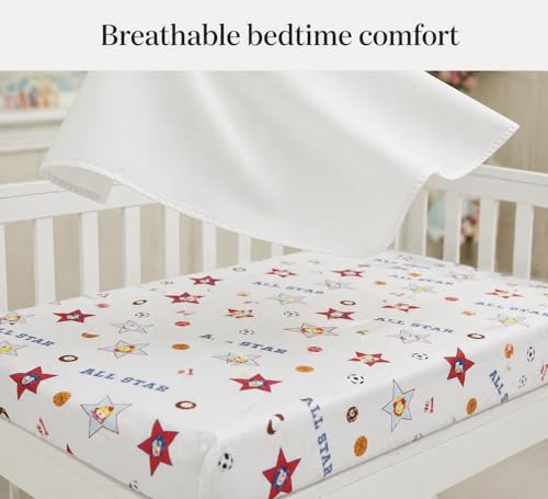 Image of EVERYDAY KIDS 2 Pack Fitted Boys Crib Sheet, 100% Soft Breathable Cotton Baby Sheet, Fits Standard Size Crib Mattress 28in x 52in, Nursery Sheet with Giraffe, Elephants Sports Theme and Solid Blue