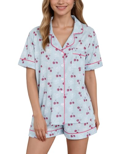 HMPEAIIY Women Y2k Pajamas Set Cute Preppy 2PCS Button Down Holiday Monkey Shorts Summer Outfit Beach Vacation Loungewear Pjs Sleepover Party Birthday Gift(Blue Cherry, XX-Large)