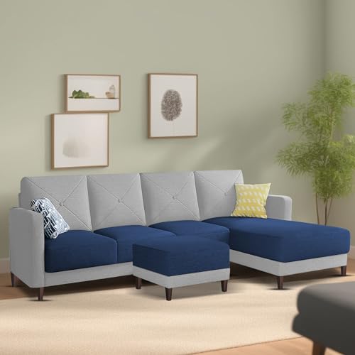 Image of Baloney RHS 6 Seater L Shape Sofa Set with Center Table for Living Room (Blue Grey Fabric) Premium Fabric Sofa