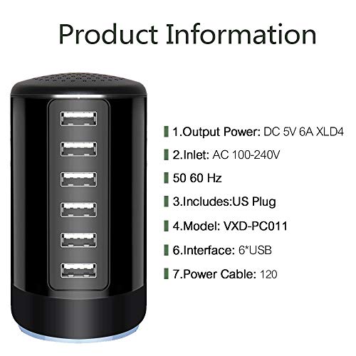 6 Ports Desktop Charging Station,USB Hub Fsat Wall Charger,Compatible with Cell Phones, Smart Phones, Tablets, and Other Electronics (All Black)