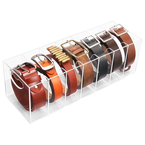 Meaocer Belt Organizer - 7 Compartment Acrylic Belt Display Case for Closet Ties and Bow Ties