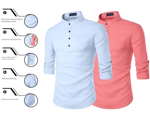 Image of Zombom Men's Combo Cotton Polyester Blend Solid Full Sleeve Straight Regular Fit Mandarin /Chinese Collor Kurta (Pack of 2)