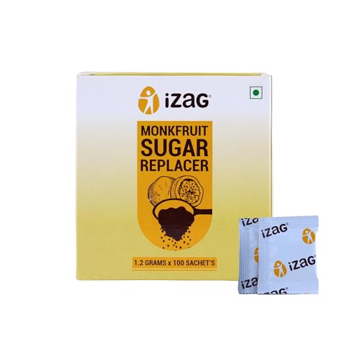 Image of iZaG Monk Fruit Natural Sweetener cystaline | Zero Calorie Sugar Alternative | Keto & Diabetic Friendly | 1:1 Sugar Replacement | 100 Single-Serve Sachets (1.2 Gram Each) | For Tea, Coffee, Cooking & Baking