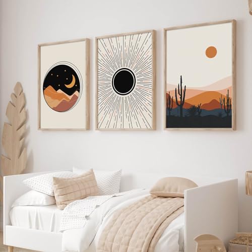 Ecyanlv Póster abstracto de mediados de siglo con sol y luna sobre lienzo con arco iris, impresión geométrica para pared para sala de estar, dormitorio, decoración de 40 x 60 cm x 3 sin marco