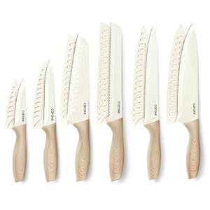 CAROTE 12PCS Knife set with Blade Guards,Granite Nonstick Ceramic Coating,Stainless Steel blade, Wooden Handle, Essential knife set,White