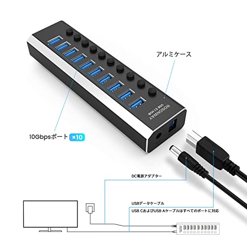 ROSONWAY USB ハブ 3.1 Gen2 10Gbps 10ポートアルミ製 36W USB HUB セルフパワー USBケーブルとType Cケーブル 付き 12V/3A ACアダプタ 独立スイッチ 付き(RSH-A10S)