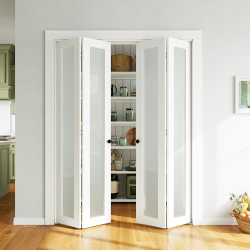 SMARTSTANDARD Bifold Door, 60'' (Double 30") x 80" Tempered Frosted Glass Bifold Closet Door, Interior Folding Door with Hardware Track Kits, Easy Assembly, MDF, White 60" x 80" Opening+Trac