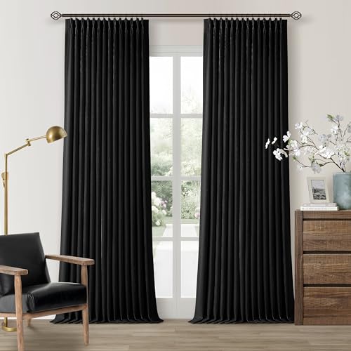 Black Blackout Pinch Pleated Linen Curtains 105 Inches Long for