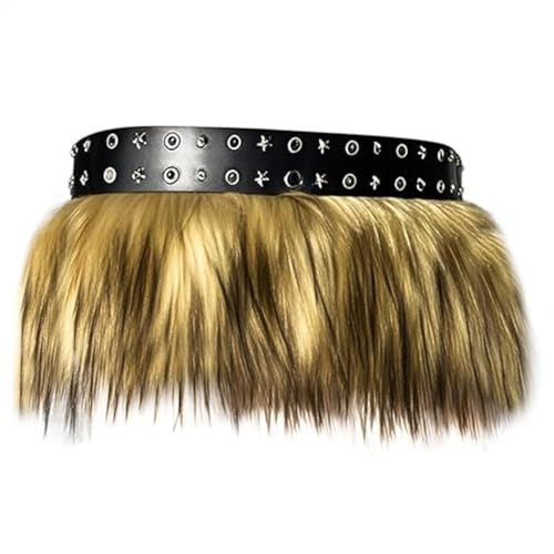 Faux Fur Mini Skirt with Star Studded Leather Belt, Women Gothic Punk Belt,Western Festival Costume Waist Belts Waistband for Dresses and Pants