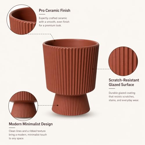 Image of Xtore Bold Pedestal Ceramic Planter Pot for Indoor Plants | Ribbed Elevated Flower Pot for Home, Office Desk & Balcony Decor (Terracotta Red - Planter only)