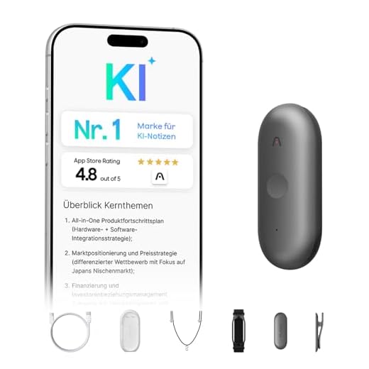 Plaud NotePin S Diktiergerät mit taktiler Aufnahmetaste KI Voice Recorder KI-Notizgerät KI-Schreibfunktion & Zusammenfassung Aufnahmegerät Audiorekorder für Meetings 4 Zubehörteile (Grau)