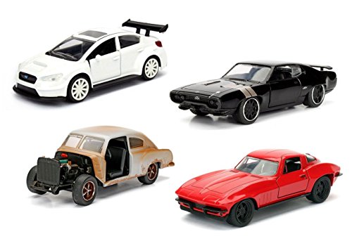 1:32 JADA TOYS DISPLAY FAST & FUROUS - MR. LITTLE NOBODY'S SUBARU WRX STI, LETTY'S CHEVY CORVETTE, DOM'S PLYMOUTH GTX & DOM'S CHEVY FLEETLINE Diecast By Jada Toys Set of 4 Car Without Retail Box