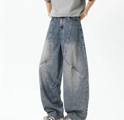 Men’S Spliced Design Jeans Mid Waist Loose Fit Wide Leg Denim Pants High Street Style Zipper Fly Jeans3