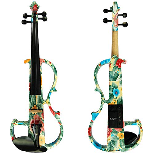 Image of Kinglos. Visual-Art Advanced Electric Violin 4 /4 Full Size Ebony Fittings | Kit Incl. Case Bow Shoulder Rest Aux Cable Spare Bridge Strings - Solid Wood Green Pink Silent Violin Set for Adults Beginner