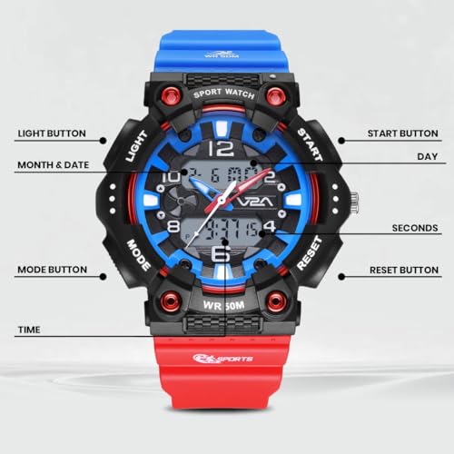 Image of V2A Nova Pro 43mm Analog Digital Sports Watch for Boys (8-14 Years) | Bolt Guard Sport Design | Alarm Stopwatch Backlight Day Date | TPU Strap | 50M Water Resistant| Gift for Boy