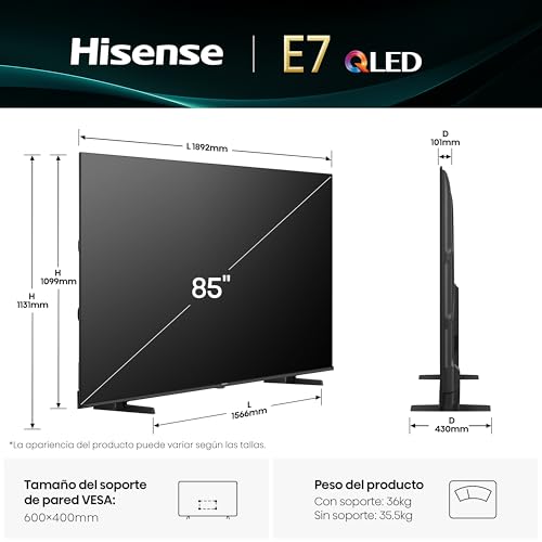 Miniatura 2 de Hisense 85E7Q - QLED Smart TV 85 Pulgadas, Dolby Vision, Dolby Atmos, Modo Juego Plus, 60Hz VRR 120 fps, Modo Deportes, Monvimiento Suave IA, Bluetooth y HDMI 2.1, Control por Voz Alexa