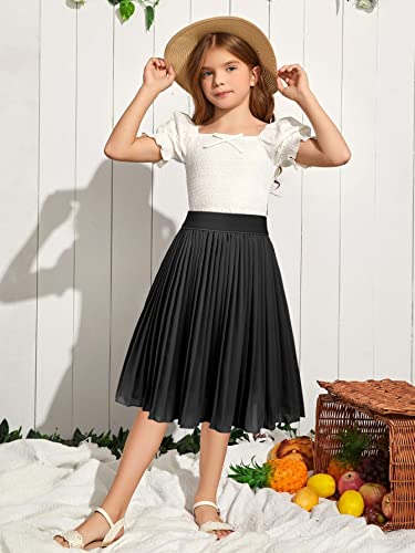 Hopeac Kids Girls Casual Mini Stretch Waist Flared Plain Pleated Skater Skirt Black #TOP2