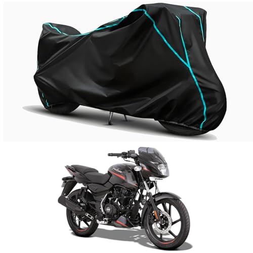 Image of Waterproof Bike Body Cover Compatible for | Bajaj Pulsar 125 | Taffeta Fabric, Sky Piping Design, Bottom Elastic Fit | Dustproof, Sun UV & Rain Protection for All Weather.