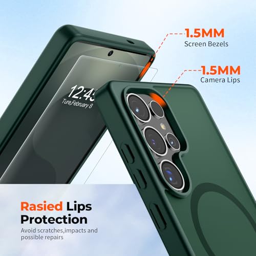 Image of SUPFINE Magnetic for Samsung Galaxy S25 Ultra Case with Screen Protector, (Built-in Magnets) (Military Grade Drop Protection) Slim Translucent Shockproof Phone Case,Forest Green