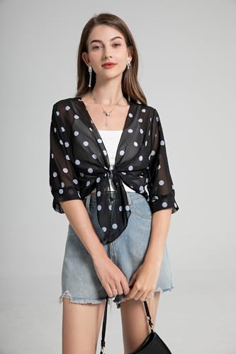 Womens Bolero Shrug Soft Chiffon Tie Front Sheer 3/4 Sleeve Cropped Cardigans for Dress4