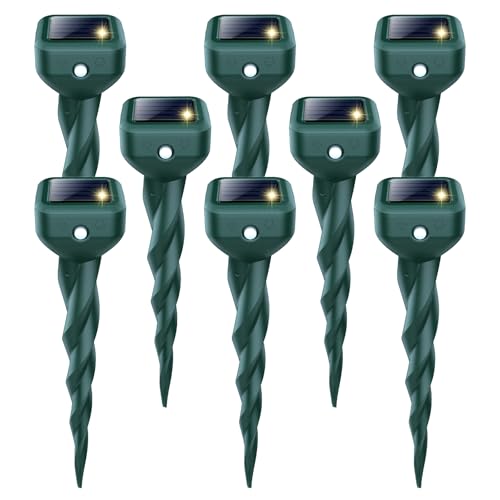 Mole Repellent Solar Powered, 8 Pack Snake & Skunk Repellent for Yard, IP 65 Waterproof Ultrasonic Deterrent Stakes, Get Rid for Rabbit, Gopher, Vole, Chipmunk, Deer, Groundhog for Lawns Garden