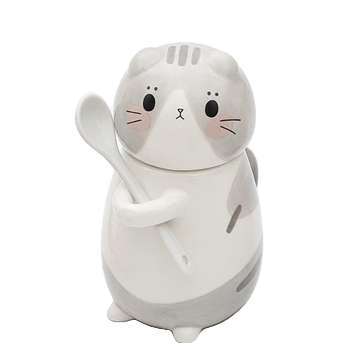 YOURNELO Cartoon Cute Ceramic Cat Shape Coffee Cup,Spice Jars,Condiment Pots with Lid,Spoon (Grey Cat)