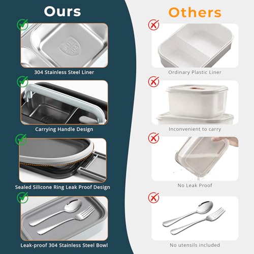 صندوق طعام بينتو من الفولاذ المقاوم للصدأ 304: مزدوج الطبقات وآمن للاستخدام في الميكروويف، عزل حراري قابل للفصل - للبالغين والطلاب والمكتب والمدرسة - مع شنطة حرارية وأدوات مائدة من اداندو، 1.4 ل