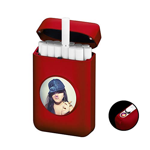 Cigarette Case with Lighter Cigarettes Box King Size Portable Full Pack 20pcs Regular Size Cigarettes 2 in 1 USB Lighters Rechargeable Flameless Windproof Electric Lighter(Red- with Lighter)