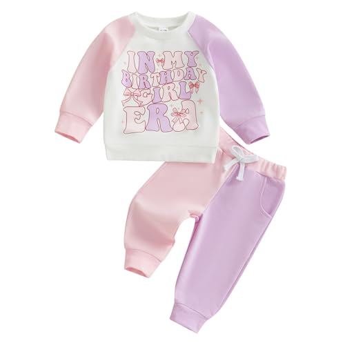 SAYOO In My Birthday Era Outfit Toddler Letter Birthday Girl Sweatshirt Pullover Contrast Color Jogger Pants Fall Clothes