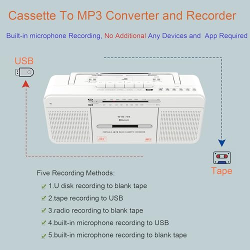 WISCENT Lecteur de Cassettes avec Radio stéréo USB/Bluetooth/AM/FM, enregistreur de Microphone intégré, convertisseur de Cassette vers MP3, Prise pour écouteurs (Lecteur de Cassettes Blanc) – vue 4