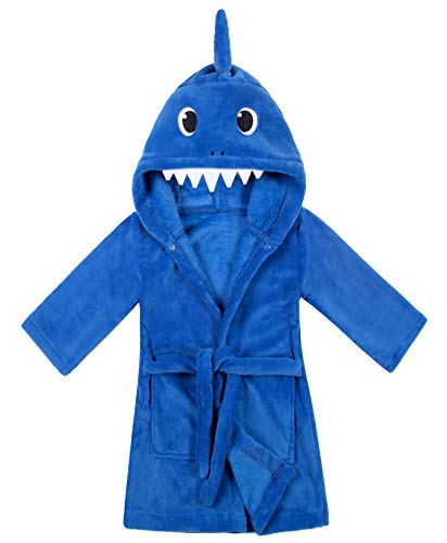 Boys Girls Cartoon Blue Shark Hooded Bathrobe Toddler Robe Pajamas Sleepwear (Blue shark robe, 3-4 Years)