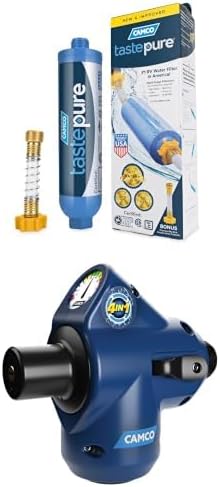 Camco Tastepure RV Inline Water Filter-GAC&KDF Filtration-Made in USA + 4-in-1 Adjustable RV Water Pressure Regulator-Combines a 90°Hose Elbow, Pressure Gauge, Adj Regulator, & ShutOff Valve