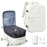 suwasp Vacuum Compression Backpack, 45L Expandable Travel Backpack with Electric Vacpack Pump, Travel Vacuum Bags with Shoe Compartment/17inch Laptop Compartment/USB Port, White