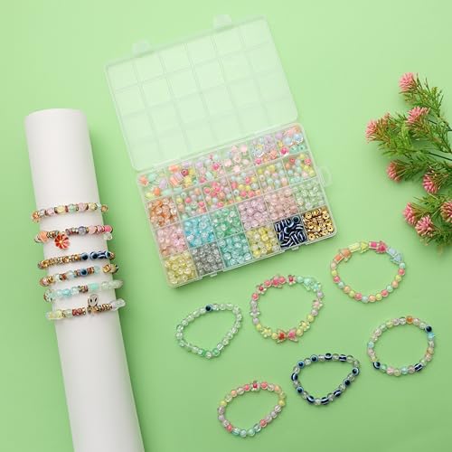 Image of Ambitieux DIY Bracelet Making Kit - 575+ Beads Jewelry Set with Glass, Double, Charms Pendants Accessories, Evil Eye, Elastic Thread, Cutter & Jute Bag - Craft Kit for Girls, Kids & Adults birthday 2 3 4 5 6 7 8 9 years (Crackle)