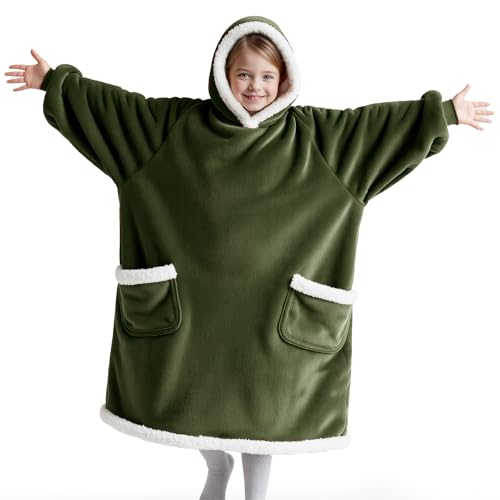 Bedsure Blanket Hoodie, Wearable Blanket for Adults & Kids as Gifts for Women Men, Birthday Gifts for Women Mom Girl Sherpa Oversized Hoodie, Olive Green, Kids