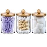 3 Pack Qtip Holder Dispenser with Bamboo Lids - 10 oz Clear Plastic Apothecary Jar Containers for Vanity Makeup Organizer Storage - Bathroom Accessories Set for Cotton Swab, Ball, Pads, Floss