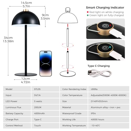 Image of Rechargeable Cordless Touch Table Lamp,Modern 3 Color Stepless Dimming Night Light,Portable Wireless 4000mAh Battery Operated,LED Desk Lamp for Outdoor Patio,Restaurant,Camping,Bedroom,Nightstand